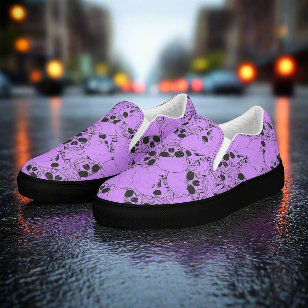 Skull Pile Purple Slip-On Canvas Shoes featuring a unique skull design for trendy casual wear