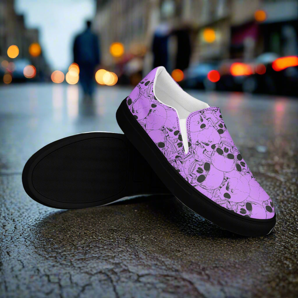WildSage Skull Pile Purple Slip-On Canvas Shoes with a vibrant skull design, perfect for stylish casual wear