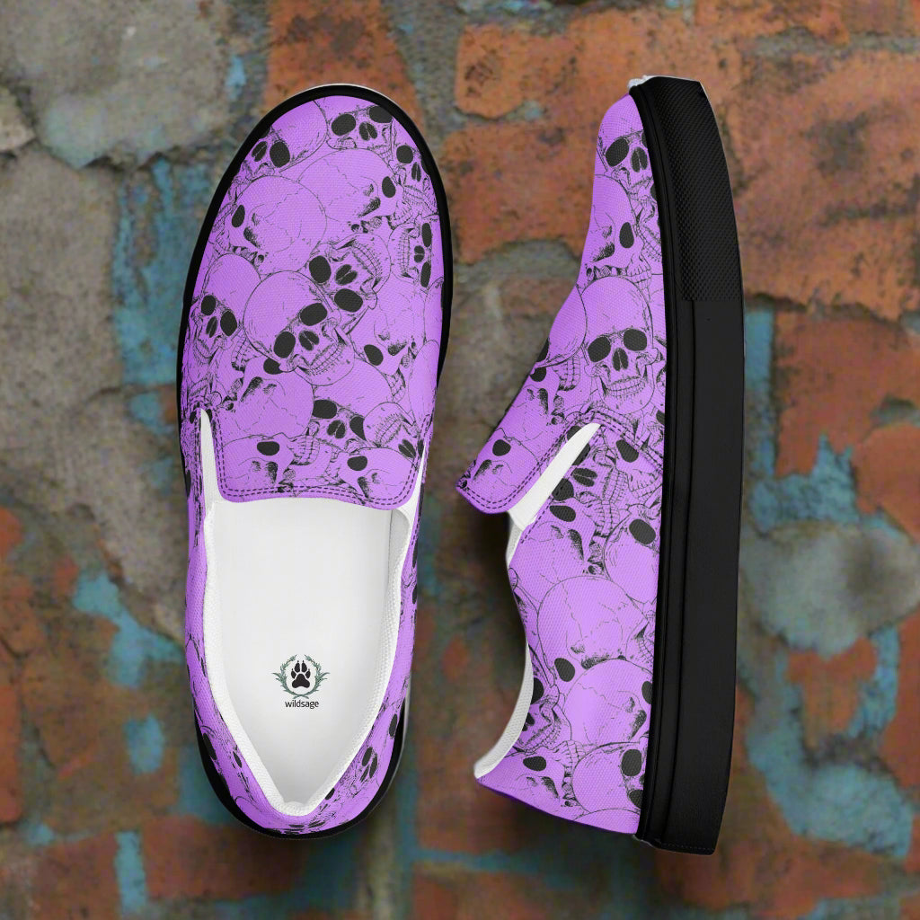 Skull Pile Purple Slip-On Canvas Shoes with a vibrant skull pattern on durable fabric