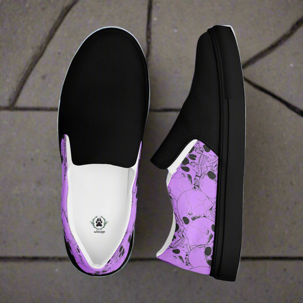 Skull Pile Purple Two Tone Slip-On Canvas Shoes featuring a striking black and purple skull design