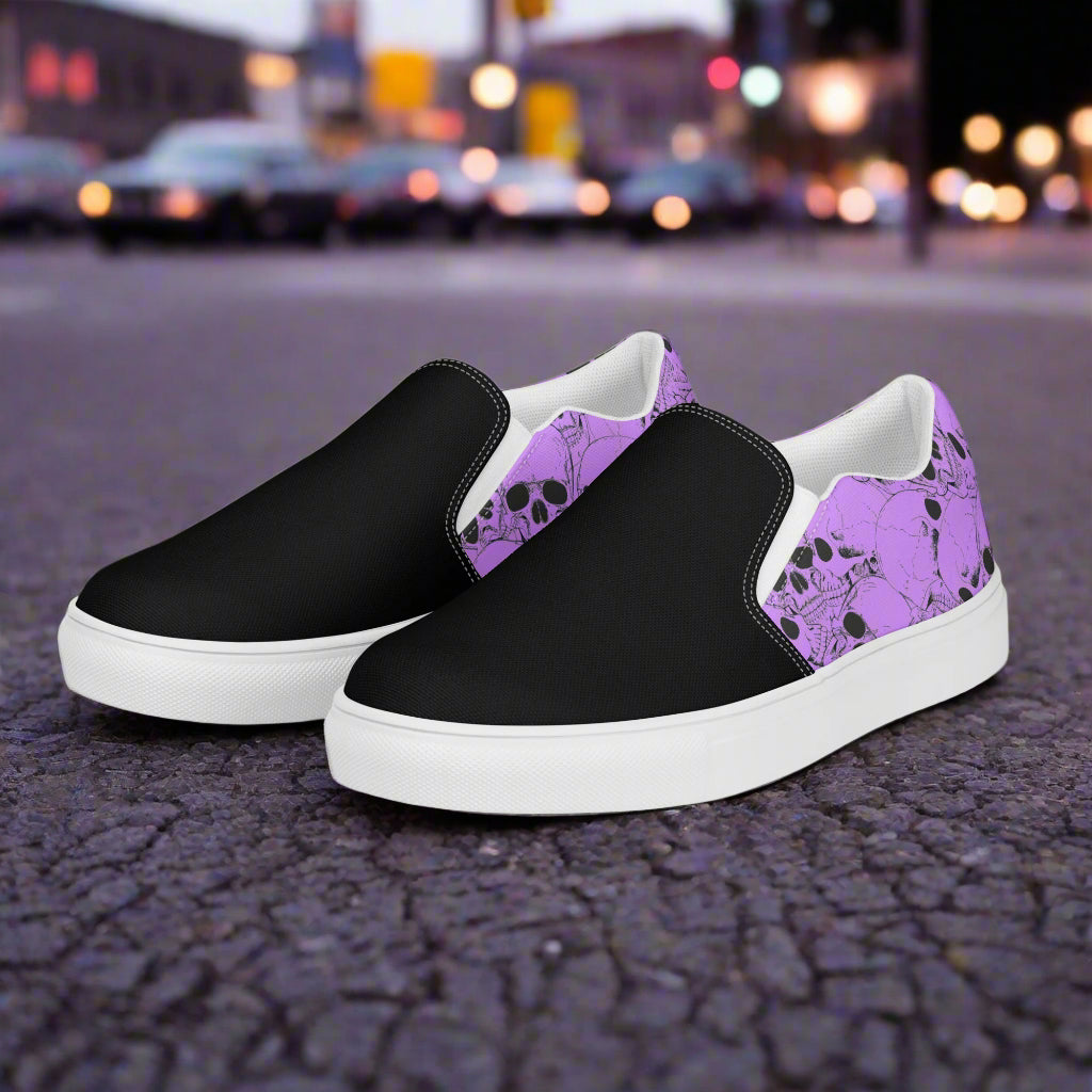 Skull Pile Purple Two Tone Slip-On Canvas Shoes by WildSage with stylish design and comfortable fit