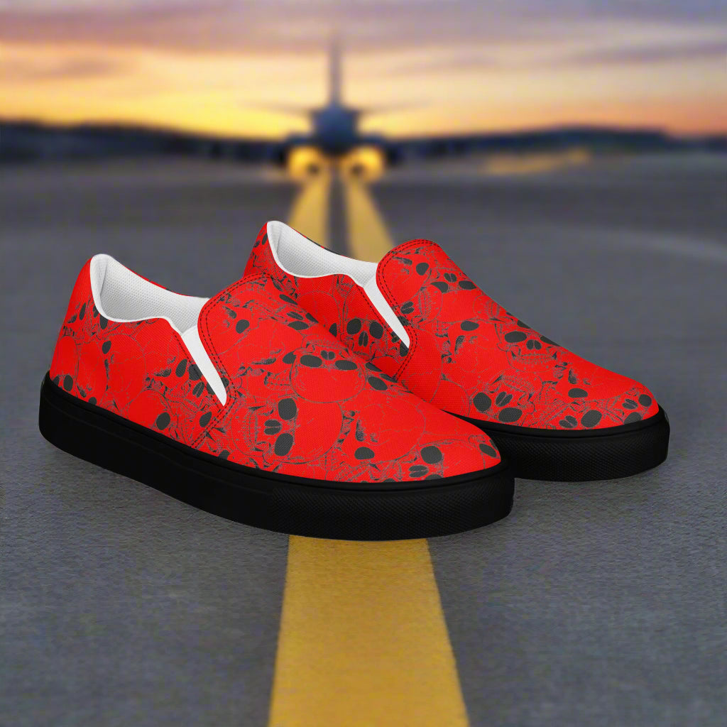 WildSage Skull Pile Red Slip-On Canvas Shoes featuring a stylish skull pattern perfect for casual wear