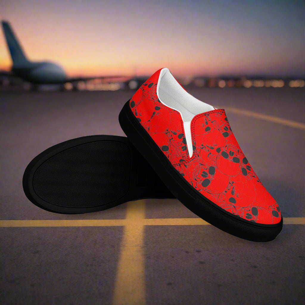 WildSage Skull Pile Red Slip-On Canvas Shoes with a bold skull design and comfortable fit