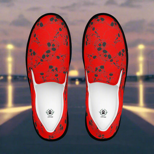 Skull Pile Red Slip-On Canvas Shoes featuring a vibrant skull pattern on a comfortable design