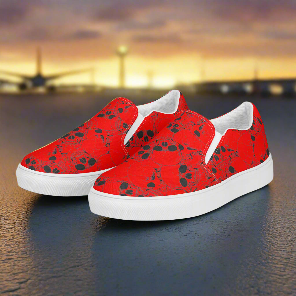 WildSage Skull Pile Red Slip-On Canvas Shoes featuring a vibrant skull pattern for a stylish look