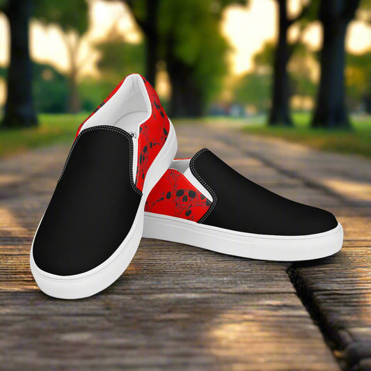 Skull Pile Red Two Tone Slip-on Canvas Shoes by WildSage with Stylish Black and Red Design