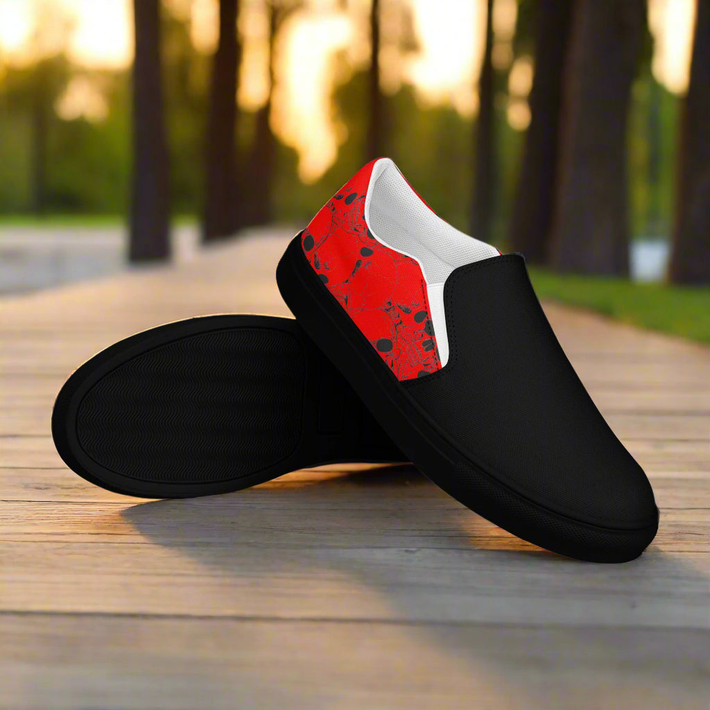 Skull Pile Red Two Tone Slip-on Canvas Shoes by WildSage with Black and Red color design