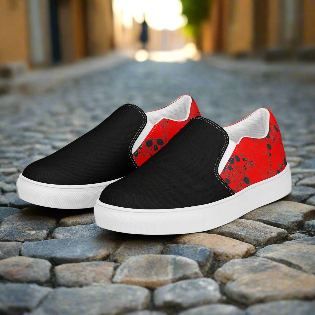 Skull Pile Red Two Tone Slip-on Canvas Shoes with stylish black and red design for casual wear