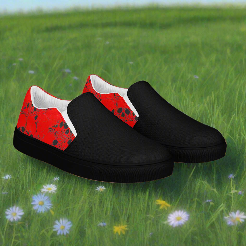 Skull Pile Red Two Tone Slip-on Canvas Shoes with Black and Red Design for Casual Comfort