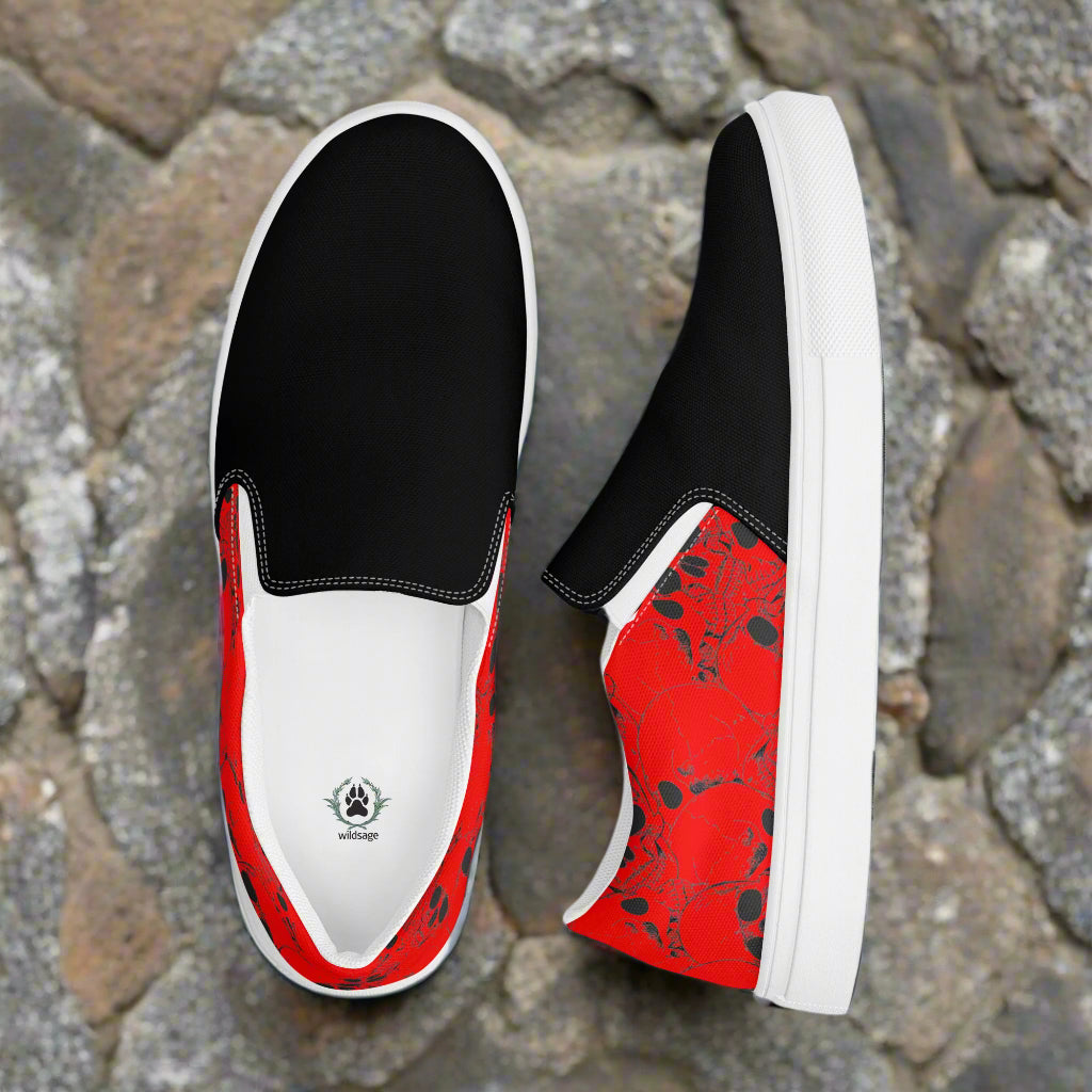 Skull Pile Red Two Tone Slip-on Canvas Shoes by WildSage with striking red and black design