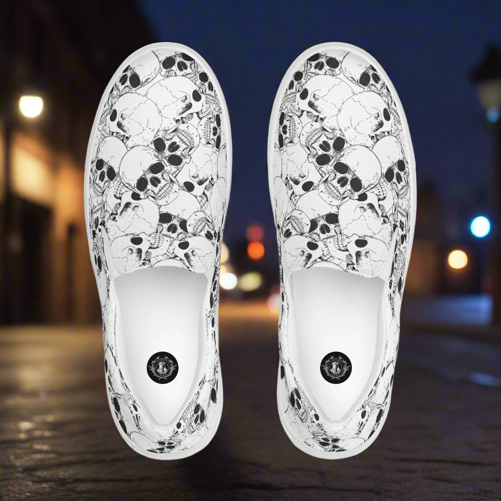 Skull Pile White Slip-On Canvas Shoes featuring a unique skull design for casual wear