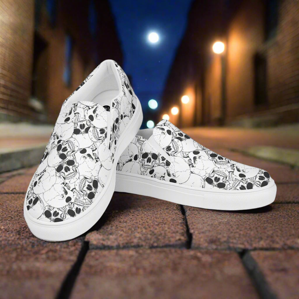 Skull Pile White Slip-On Canvas Shoes featuring a unique skull design for trendy casual wear
