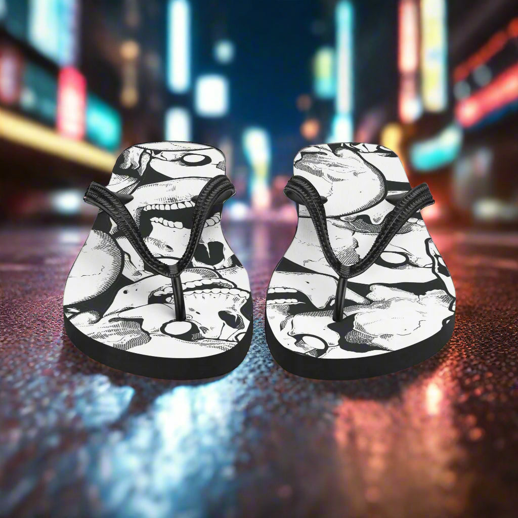 WildSage Market skull print flip-flops featuring stylish design and comfortable fit for summer wear