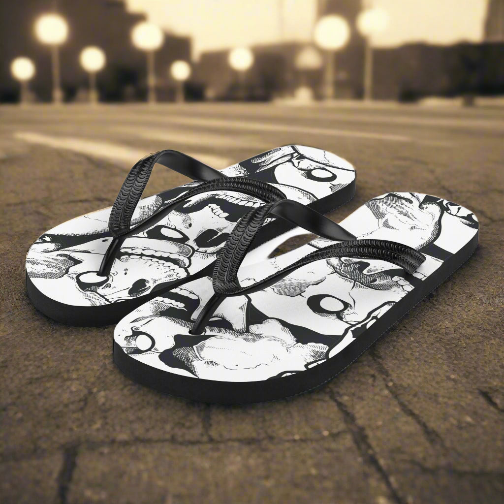 WildSage Market skull print flip-flops with unique gothic design and comfortable straps