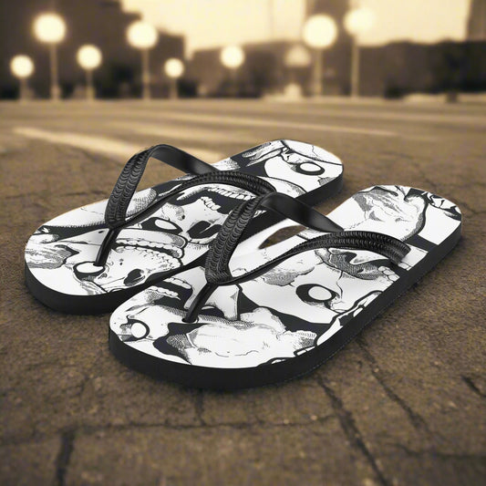 WildSage Market skull print flip-flops with unique gothic design and comfortable straps