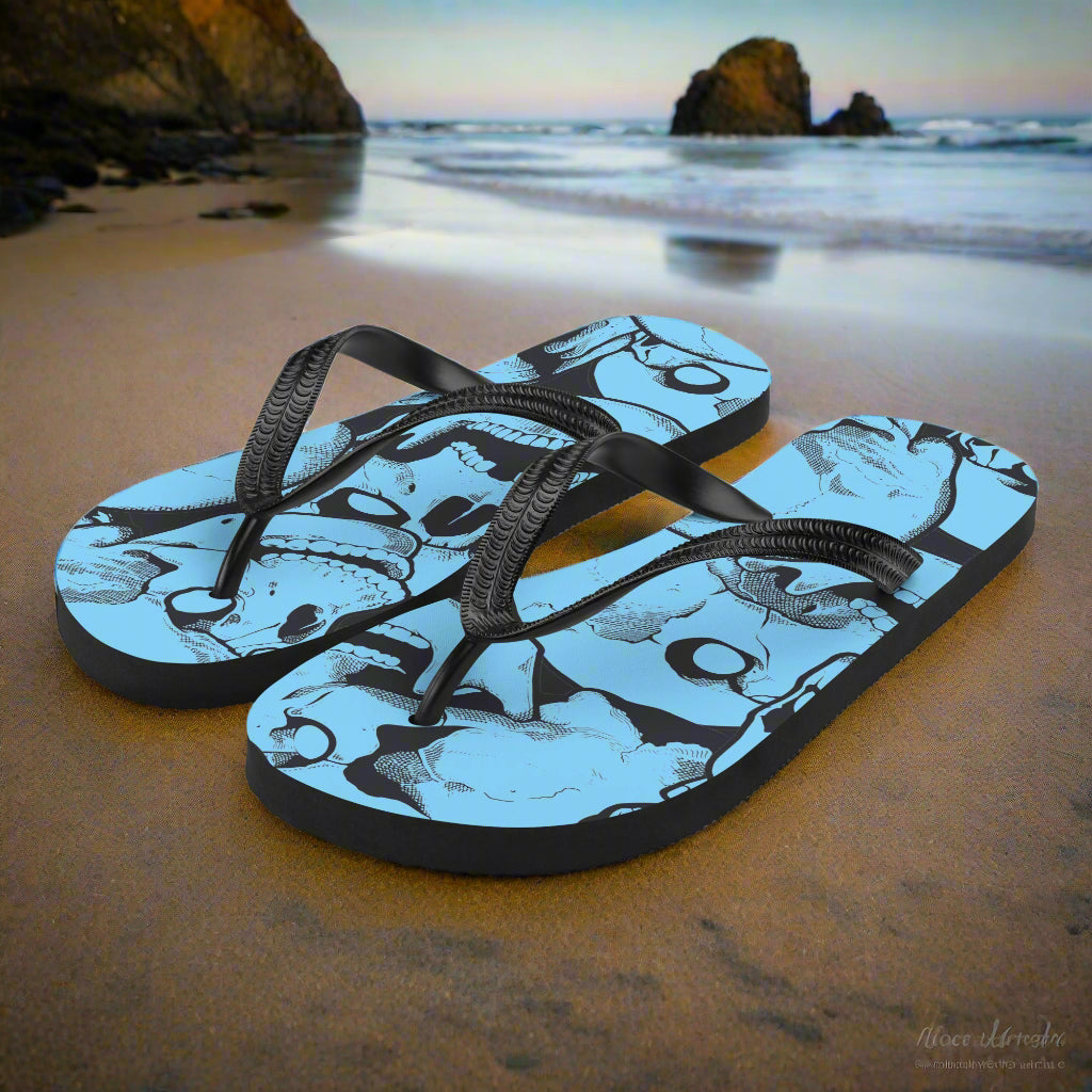 Light Blue Skull Print Flip-Flops by WildSage Market with a unique design perfect for casual beach outings