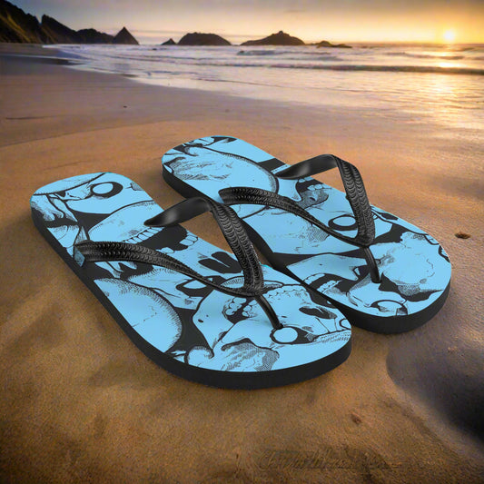 Skull Print Flip-Flops Light Blue with black straps, perfect for beach outings and casual wear