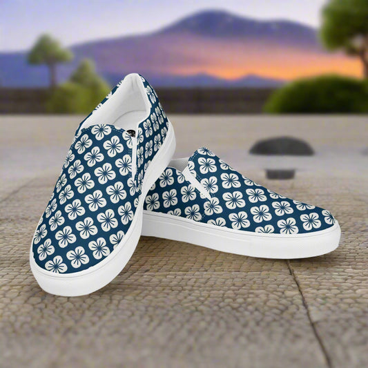 WildSage Market Slip-on Canvas Shoes Asian Floral Pattern with Blue Background and Floral Design