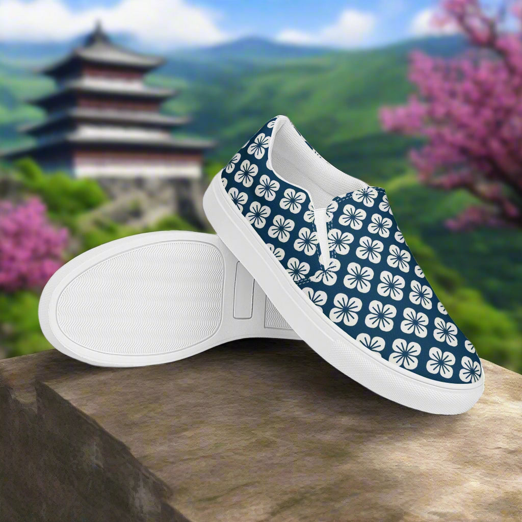 WildSage Market Slip-on Canvas Shoes Asian Floral Pattern in navy blue with white floral design