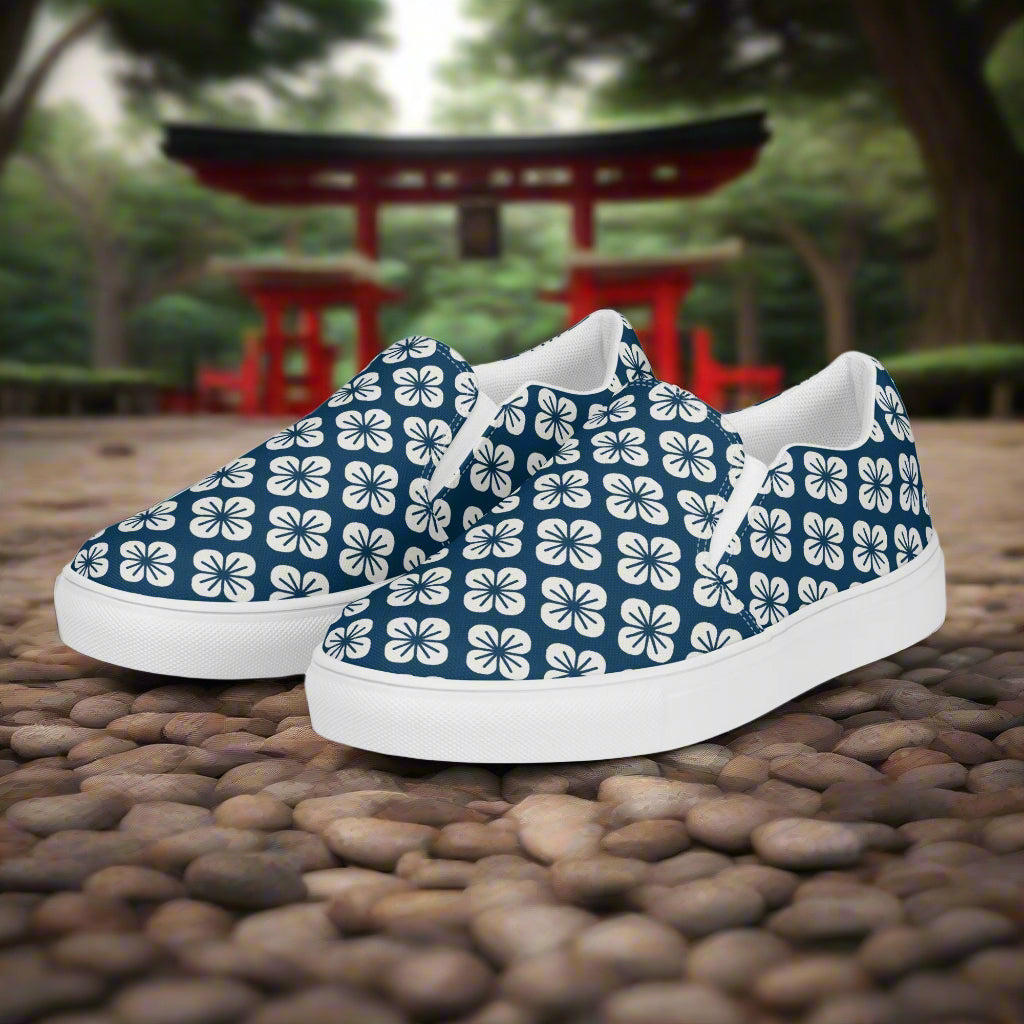 WildSage Market Slip-on Canvas Shoes Asian Floral Pattern with Navy Background and White Flowers