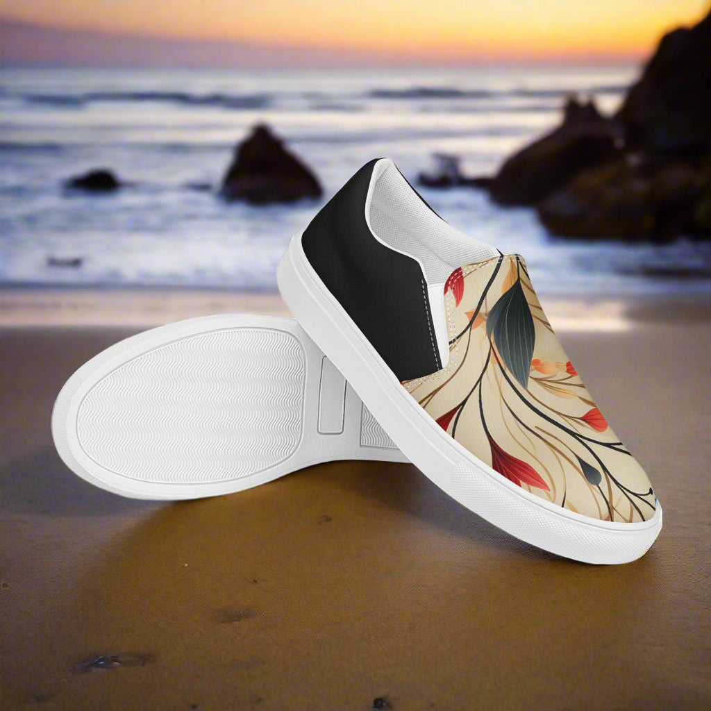 Slip-on Canvas Shoes Autumn Fire Halftone featuring a floral design against a beach background