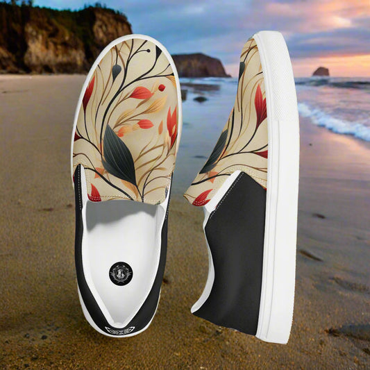 WildSage Market Slip-on Canvas Shoes Autumn Fire Halftone with floral design on a beach background
