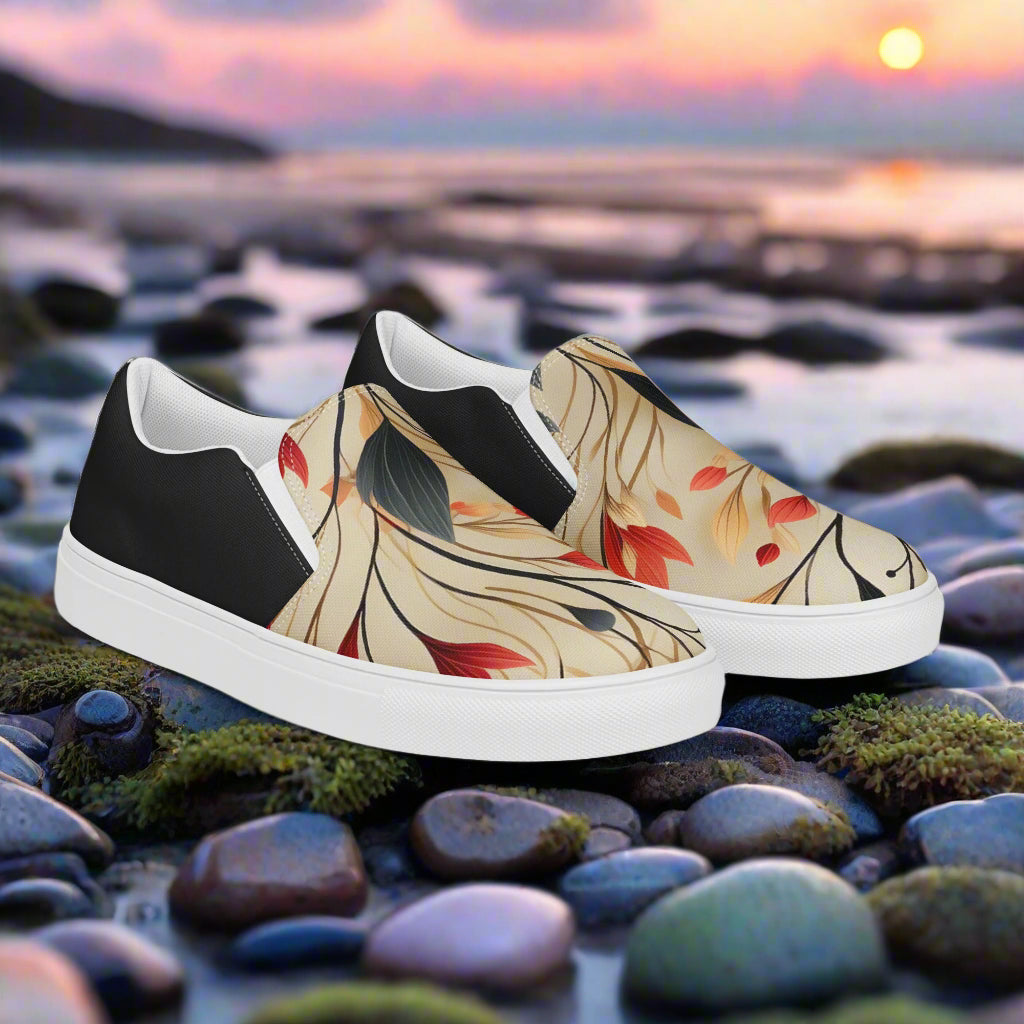 Stylish Slip-on Canvas Shoes Autumn Fire Halftone with a unique leaf design on a scenic background