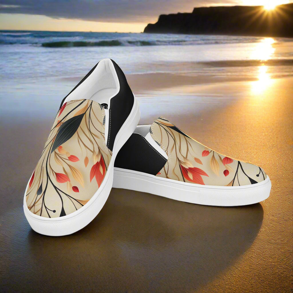 WildSage Market Slip-on Canvas Shoes Autumn Fire Halftone with a stylish leaf design perfect for casual wear