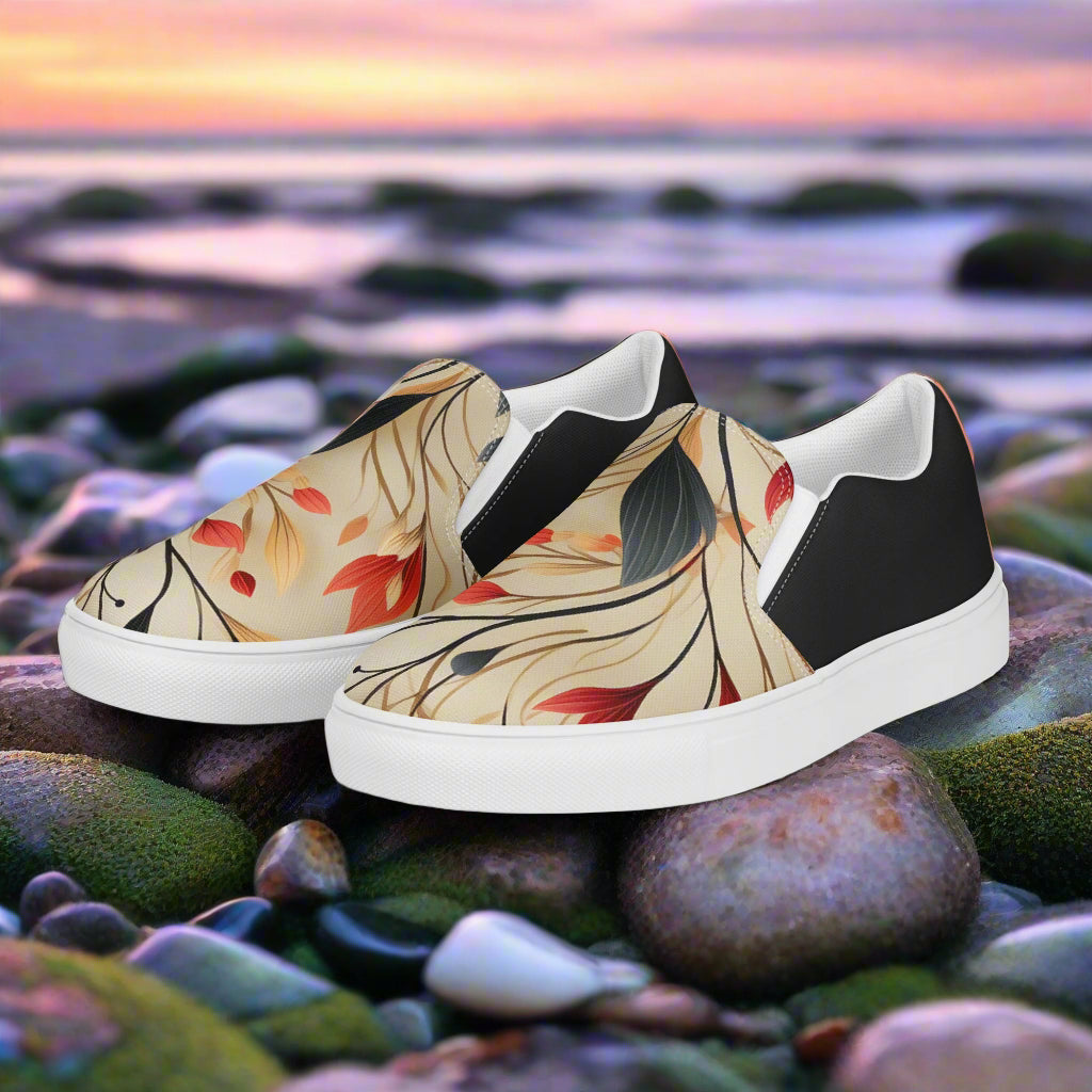 WildSage Market Slip-on Canvas Shoes Autumn Fire Halftone with Leaf Design on a Stone Background