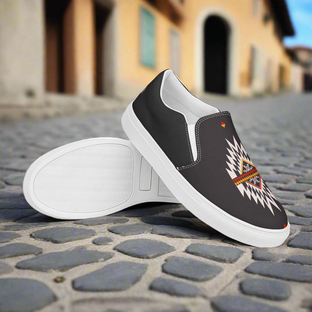 Slip-on Canvas Shoes Azteca Halftone featuring a vibrant geometric design on a sleek black background