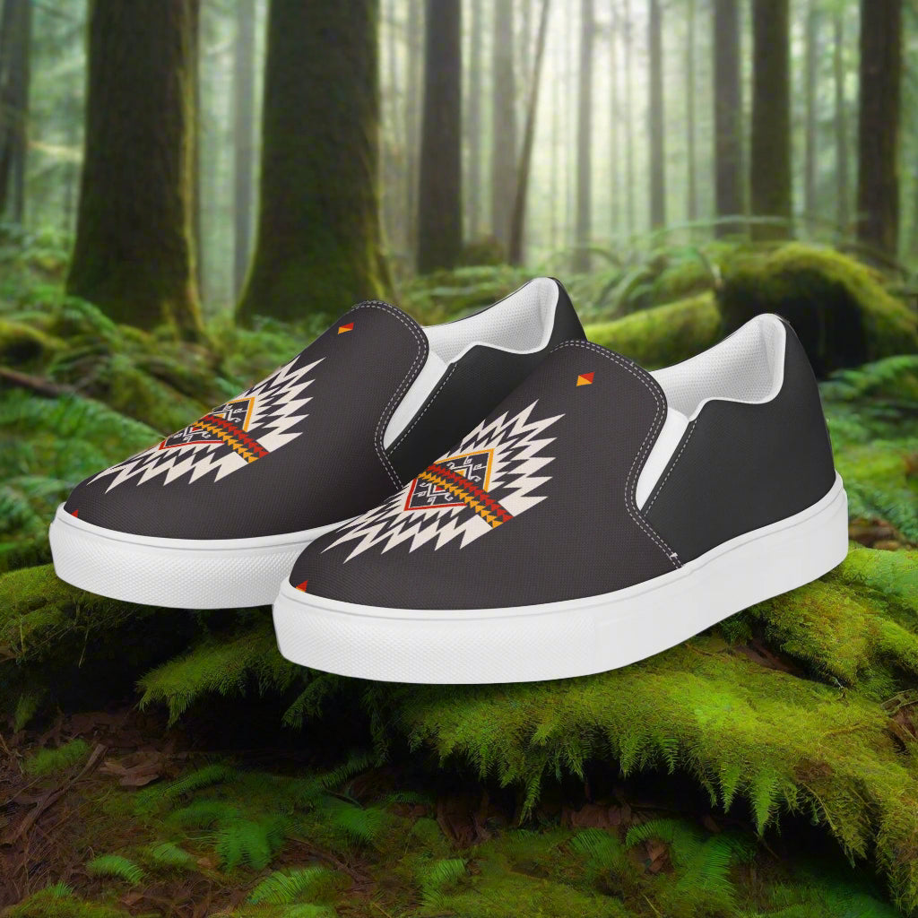 Slip-on Canvas Shoes Azteca Halftone featuring a vibrant geometric design on a black background