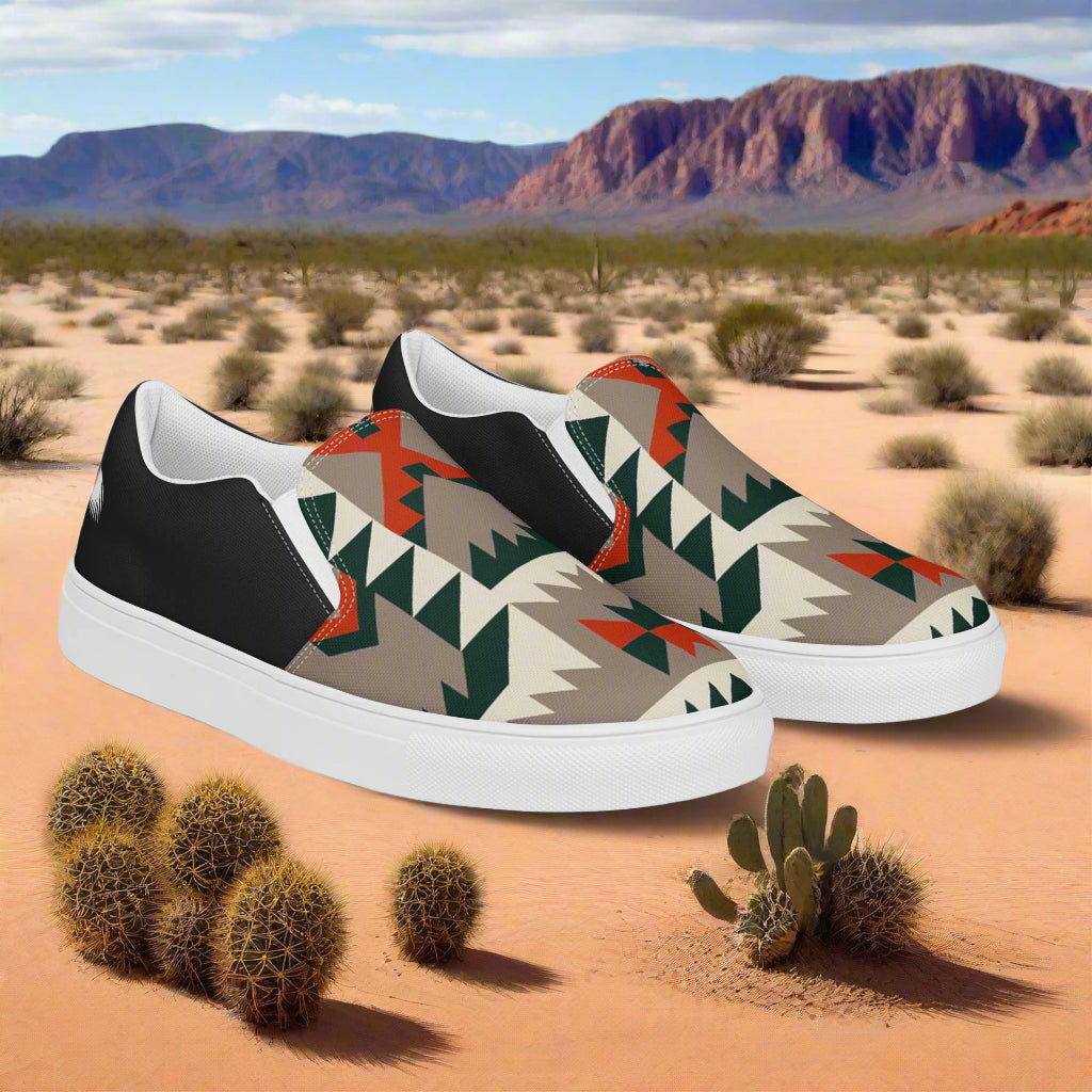 WildSage Market Slip-on Canvas Shoes Big Mesa Halftone with tribal patterns in a desert setting