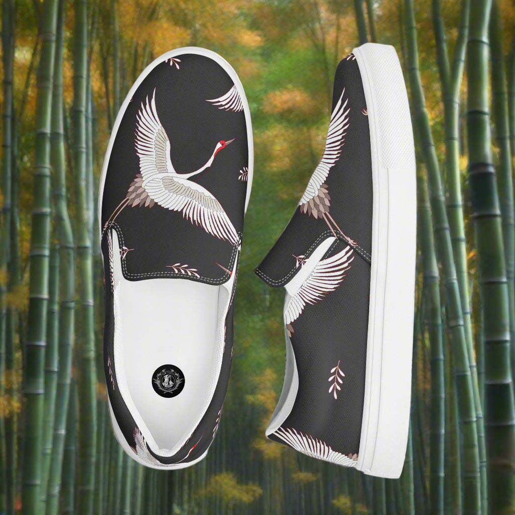 WildSage Market Slip-on Canvas Shoes Black Crane featuring artistic crane design on stylish black background