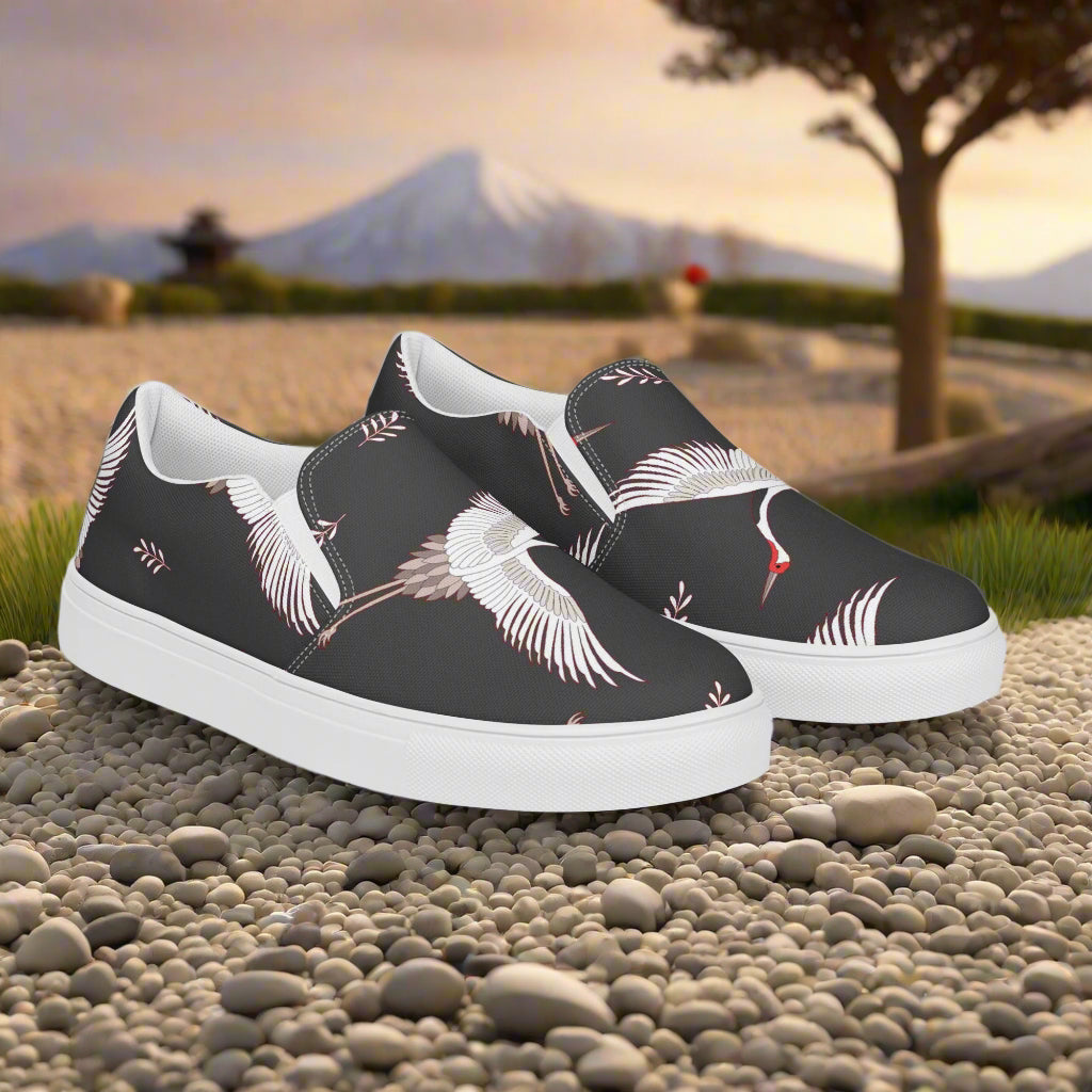 Slip-on Canvas Shoes Black Crane featuring a stylish crane print on a black background for casual wear