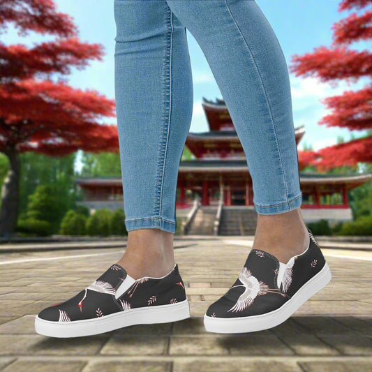 Slip-on Canvas Shoes Black Crane featuring elegant bird design for stylish comfort