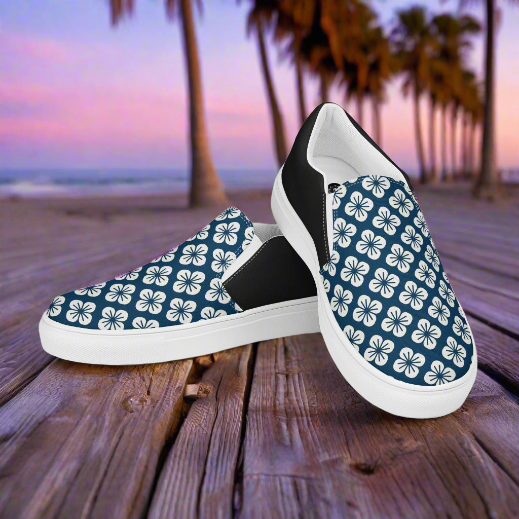 WildSage Market Slip-on Canvas Shoes Blue Orchid Halftone with Floral Pattern on Stylish Design