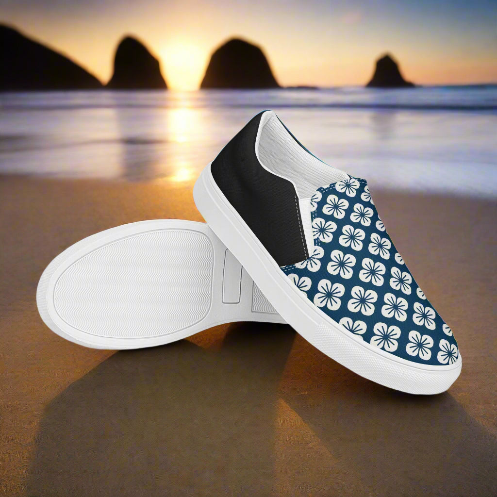 WildSage Market Slip-on Canvas Shoes Blue Orchid Halftone with floral pattern and black accents