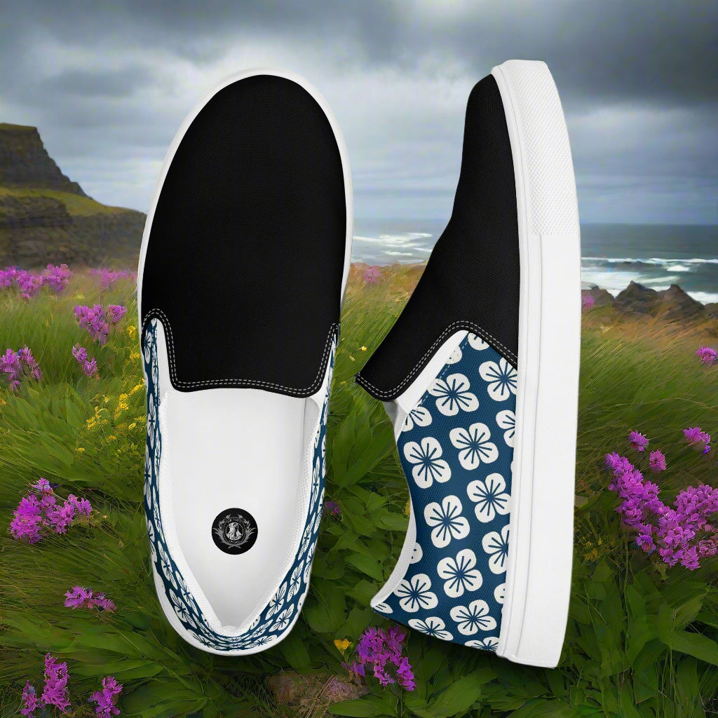 Stylish Slip-on Canvas Shoes Blue Orchid Two Tone with floral design and a sleek black top
