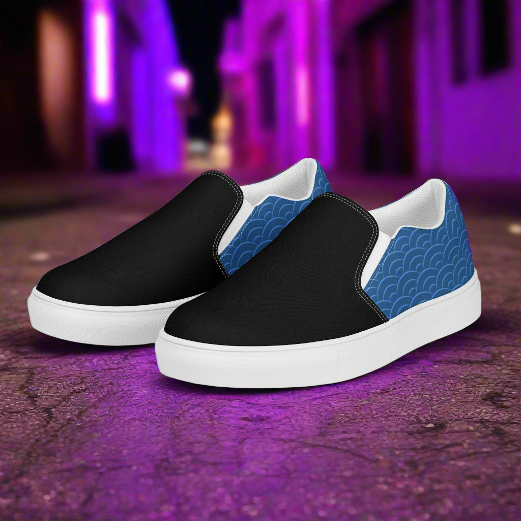 Slip-on Canvas Shoes Blue Seas Two Tone with Stylish Black and Blue Wave Design