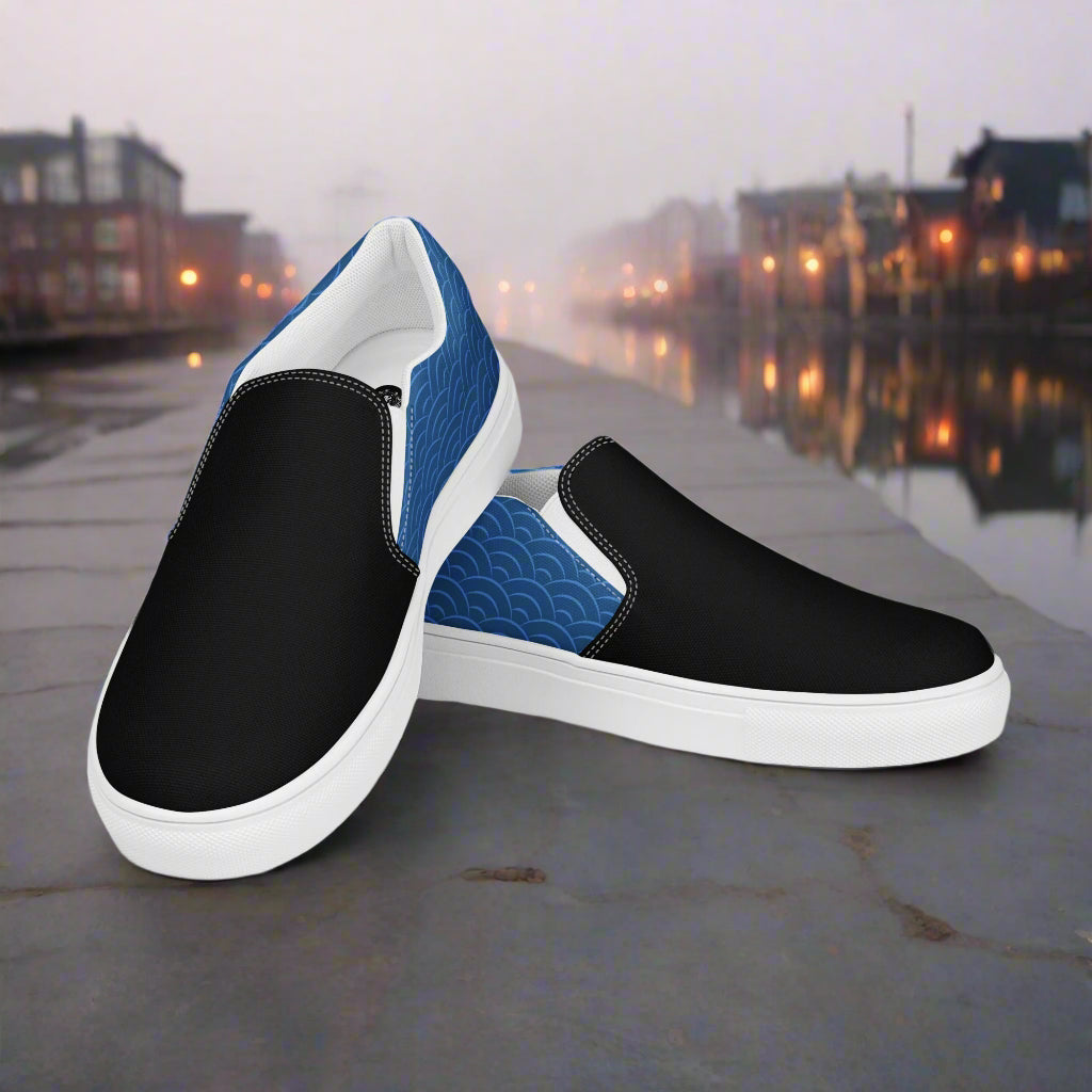 Slip-on Canvas Shoes Blue Seas Two Tone with stylish design and comfortable fit on urban background