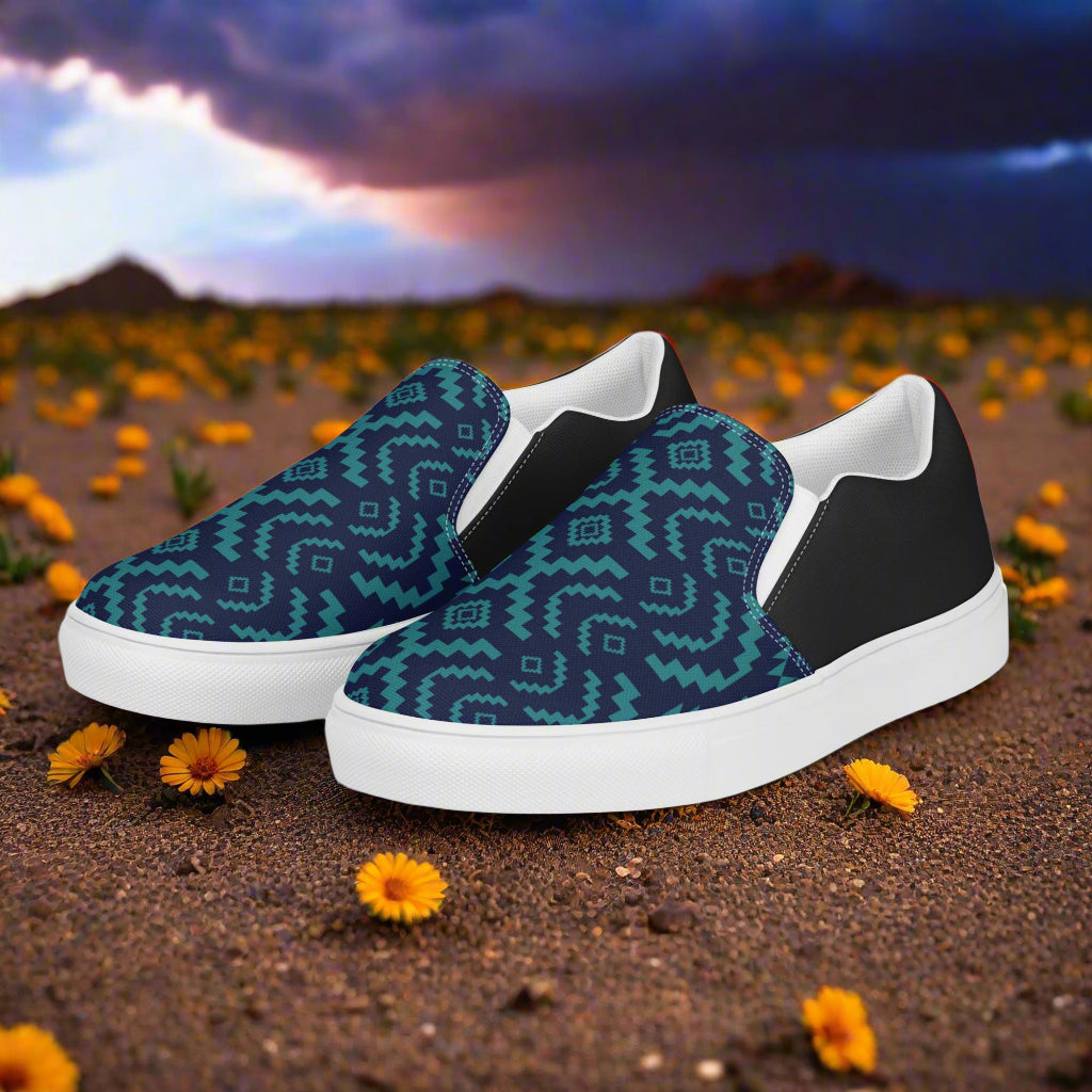 WildSage Market Slip-on Canvas Shoes BlueRock Halftone with vibrant geometric pattern on a sandy background