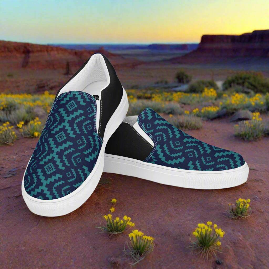 WildSage Market Slip-on Canvas Shoes BlueRock Halftone with unique geometric pattern in a desert setting