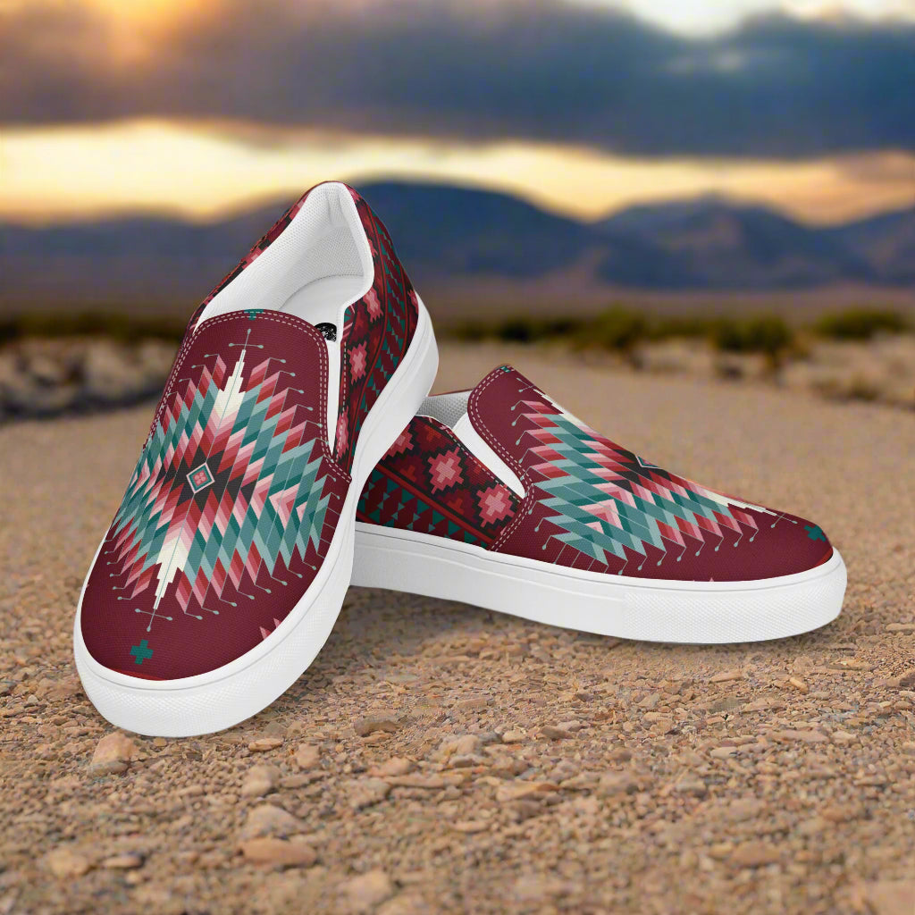 Slip-on Canvas Shoes Chinle Southwestern Print in Burgundy and Turquoise for Stylish Comfort
