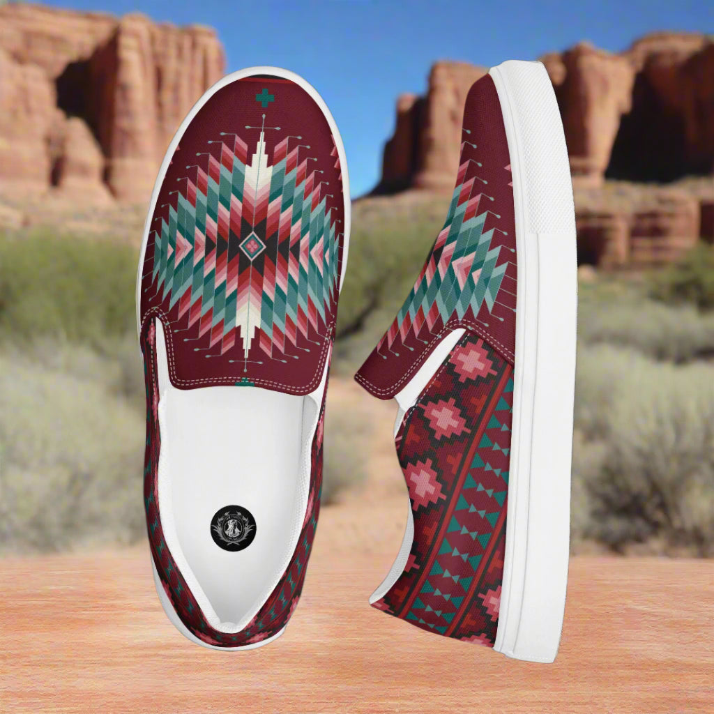 Slip-on Canvas Shoes Chinle Southwestern Print in maroon and teal with geometric designs for casual wear