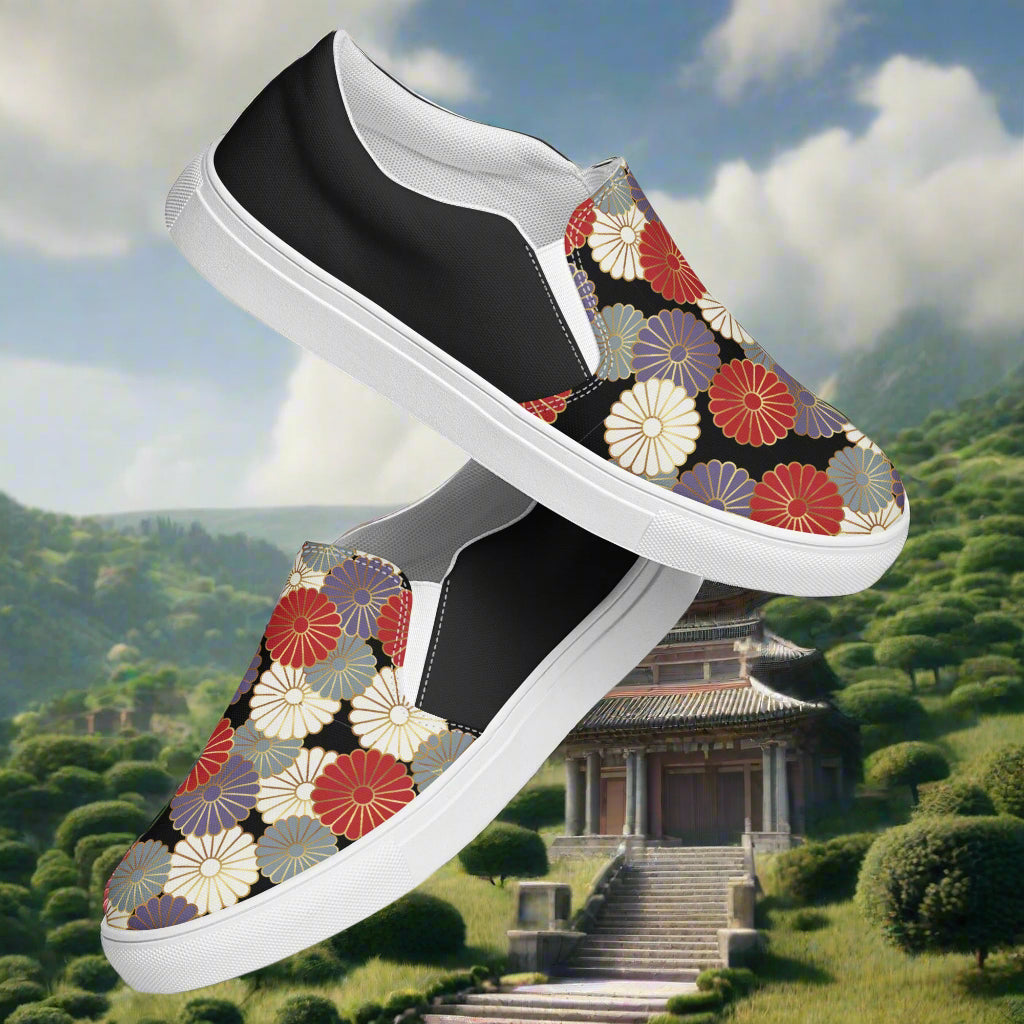 WildSage Market Slip-on Canvas Shoes Chrysanthemum Halftone featuring floral design on black background
