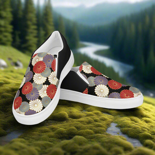Slip-on Canvas Shoes Chrysanthemum Halftone with vibrant floral design, perfect for casual outings