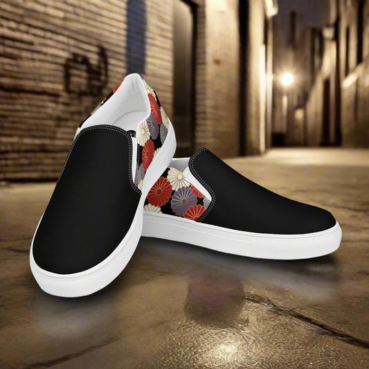 Slip-on Canvas Shoes Chrysanthemum Two Tone in Black with Colorful Floral Design by WildSage Market