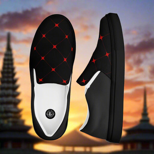 WildSage Market slip on canvas shoes crimson diamond pattern in black and red with sunset background