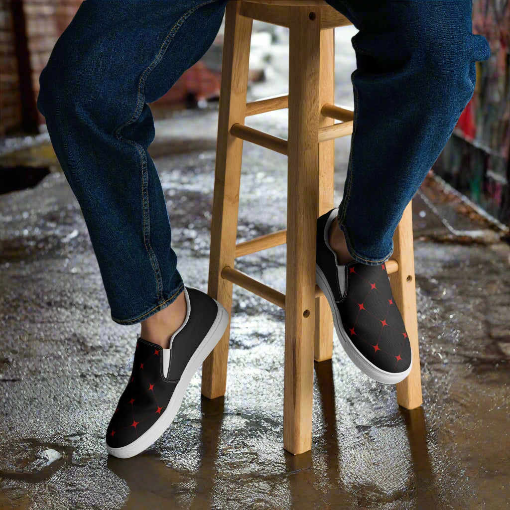 WildSage Market slip on canvas shoes crimson diamond black with red diamond pattern worn with jeans