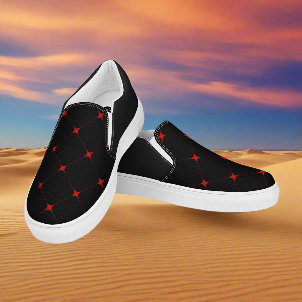 WildSage Market slip on canvas shoes crimson diamond with black and red geometric design on white soles
